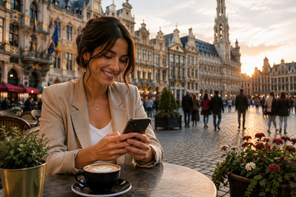 Femme consultant son smartphone en terrasse à la Grand-Place de Bruxelles