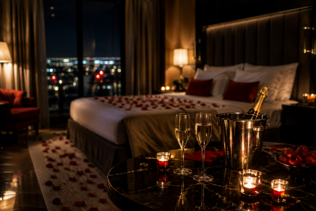 Chambre d'hôtel romantique avec vue sur la ville, pétales de rose et champagne