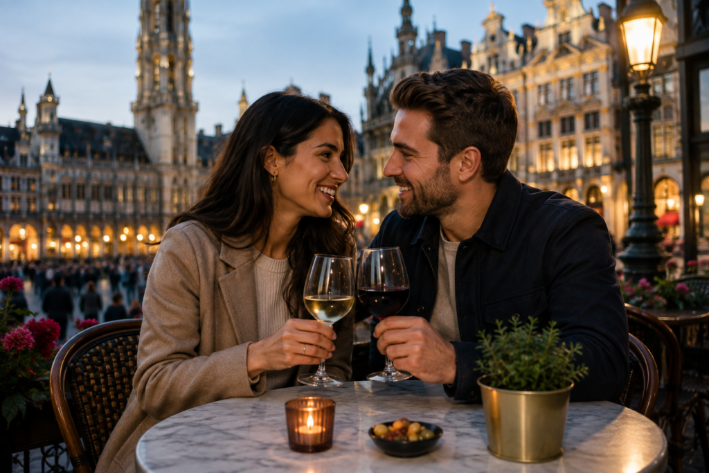 Couple lors d'un rendez-vous en soirée à la Grand-Place de Bruxelles