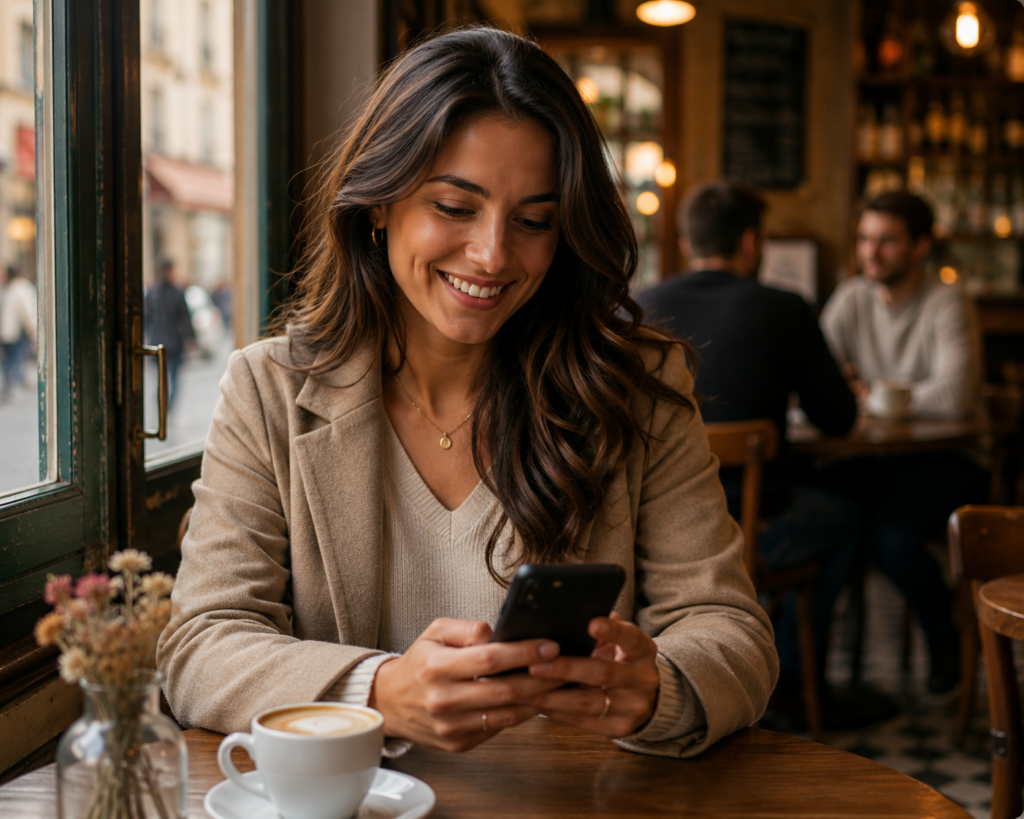 Femme souriante consultant son téléphone en terrasse