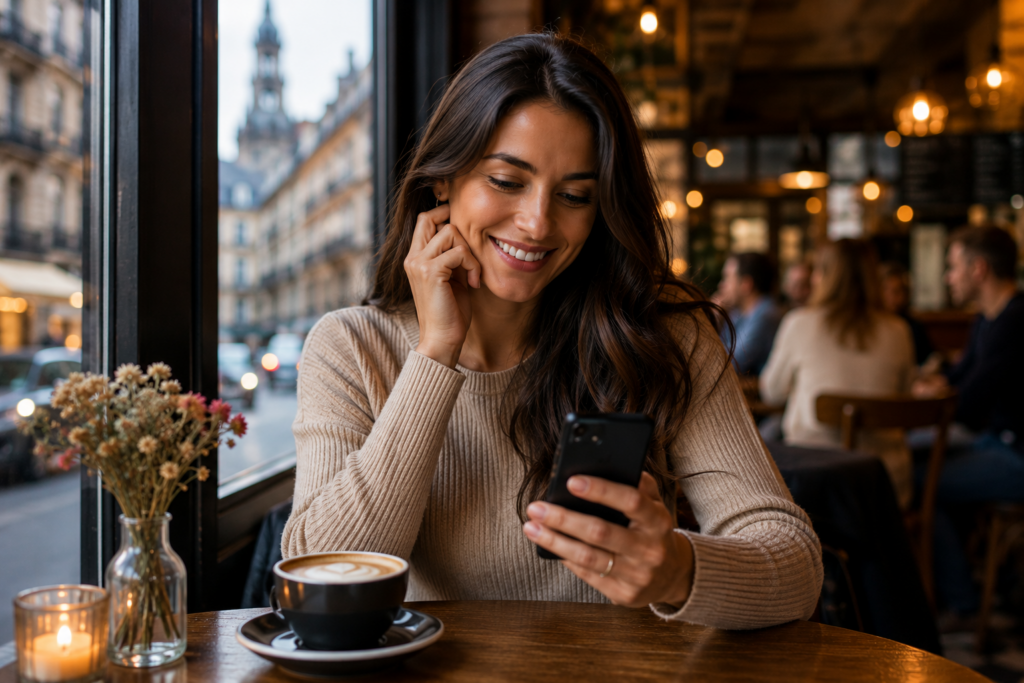 Femme souriante consultant une application de rencontre en terrasse